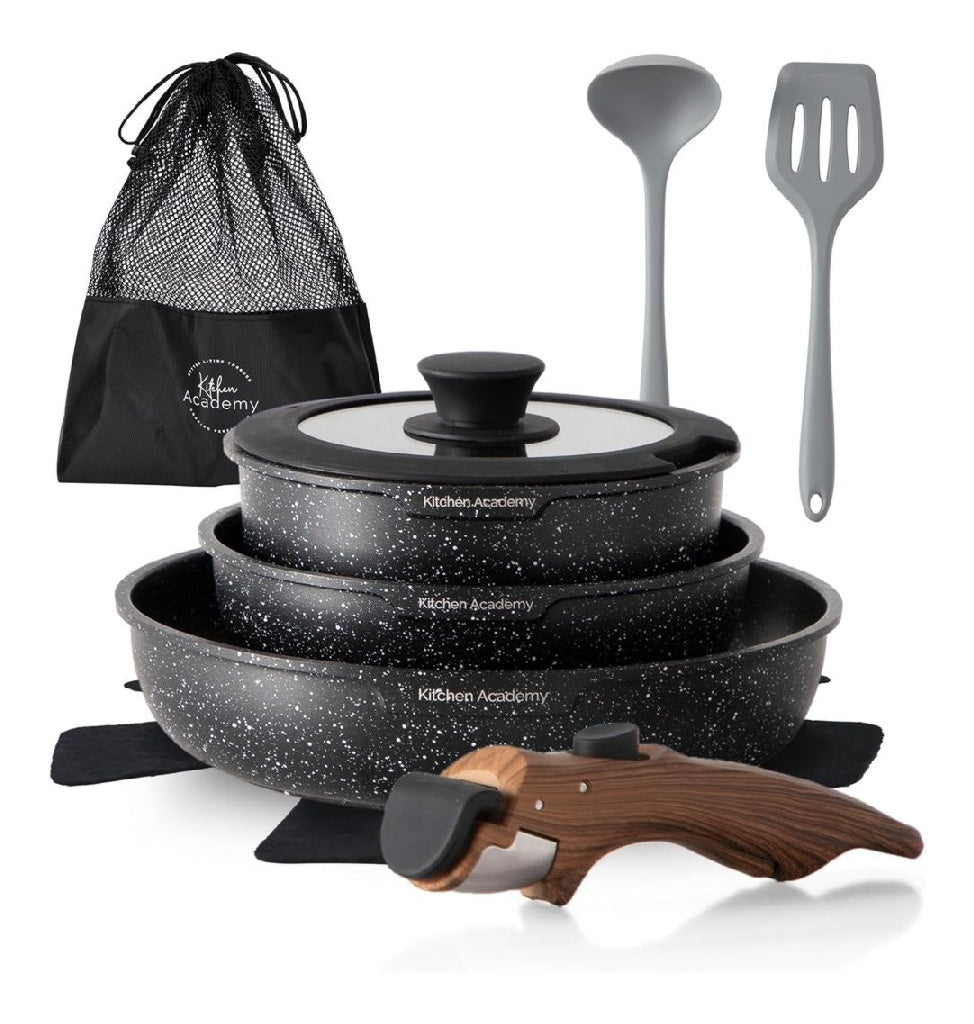 Academy Kitchen Lot de 10 Casseroles et Po¨ºlesPoign¨¦e AmoviblNoir Couvercles en Verre et Rev¨ºtement dans Marbre et Rev¨ºtement Antiadh¨¦sif Compatible Induction Poign¨¦e Lisse et Vein¨¦e